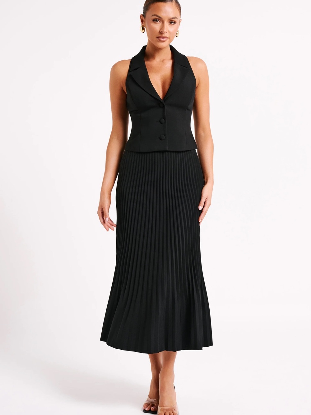 Meshki Black Mura suiting vest and Twyla Pleated suiting maxi Skirt Set